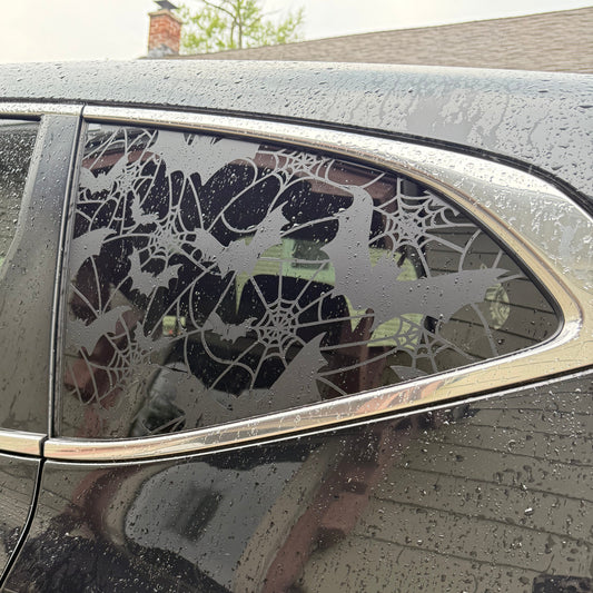 Bats and Spiderwebs Vinyl Decal: Rear Quarter Window, Car Sticker, Full Coverage